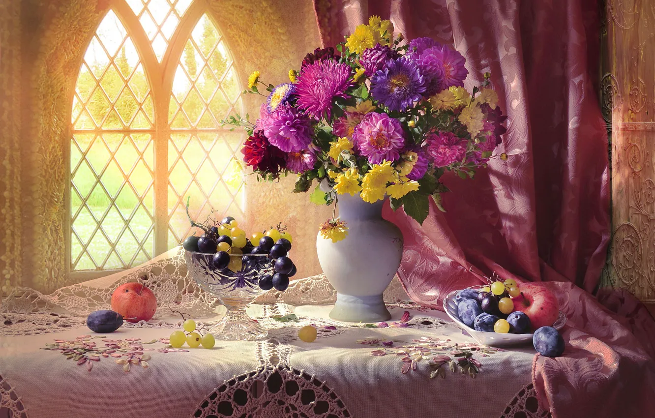 Photo wallpaper flowers, table, apples, bouquet, window, grapes, fruit, still life