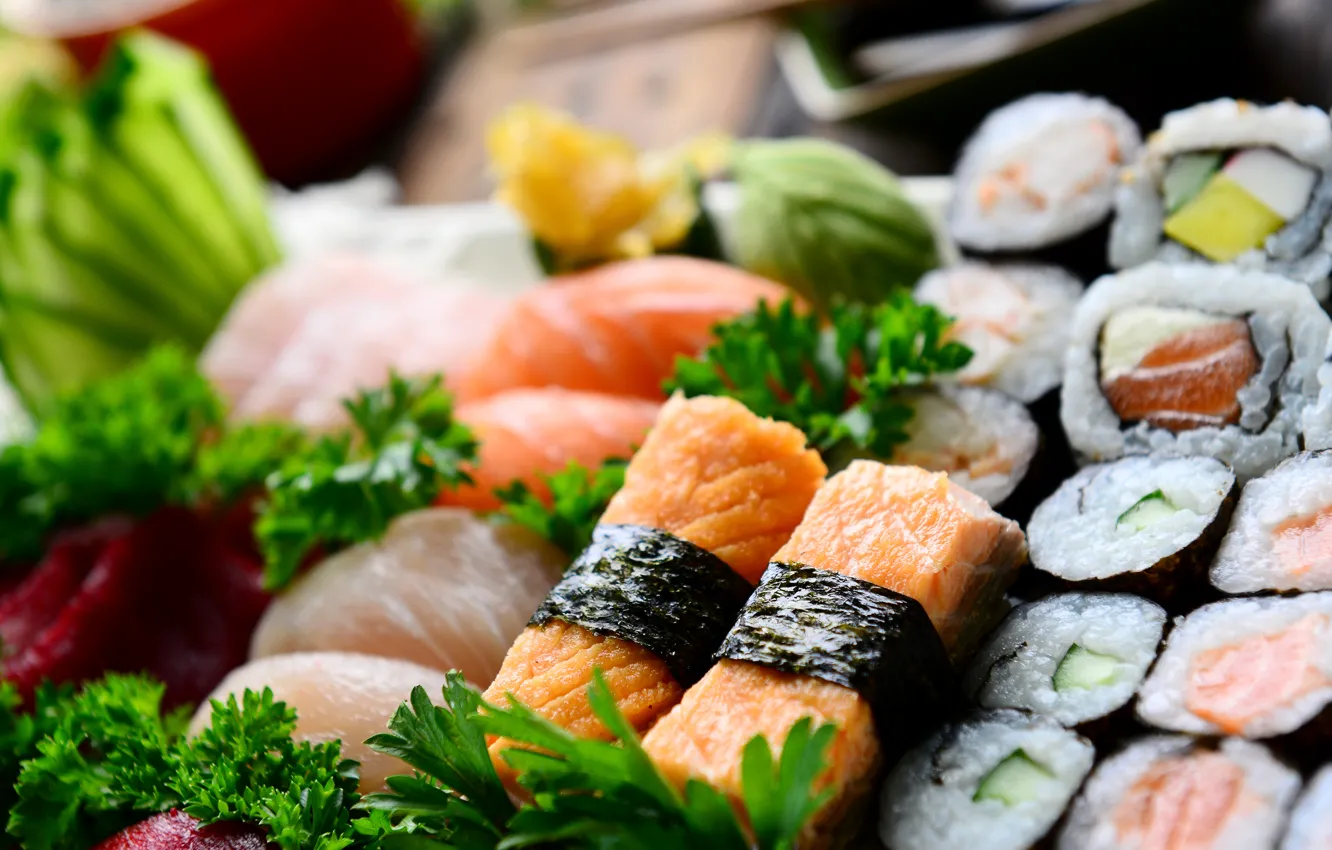 Photo wallpaper fish, rolls, sushi, sushi, fish, rolls, Japanese cuisine, parsley