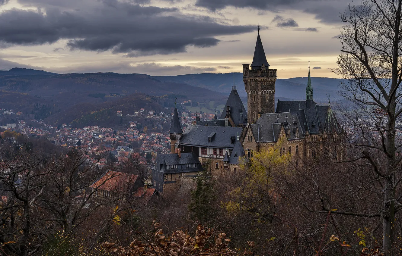 Photo wallpaper landscape, mountains, clouds, nature, the city, castle, the evening, Germany