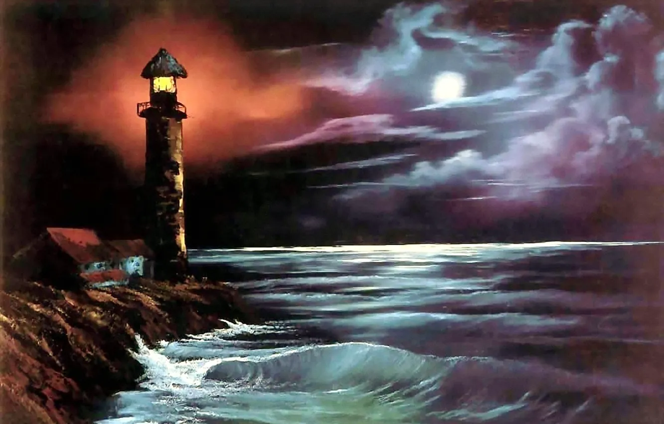 Photo wallpaper sea, water, landscape, night, the ocean, the moon, shore, wave
