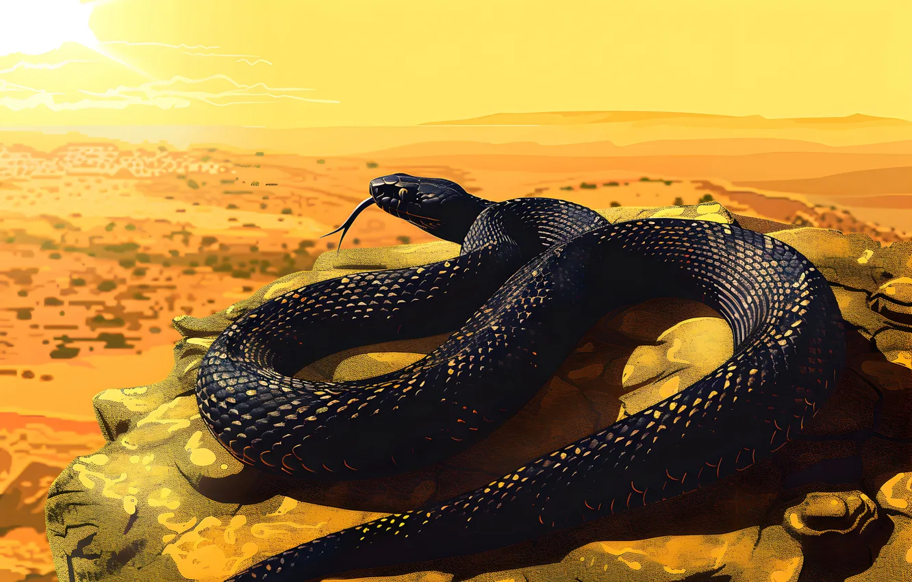 Photo wallpaper stones, animal, dawn, desert, snake, art, reptile, digital art