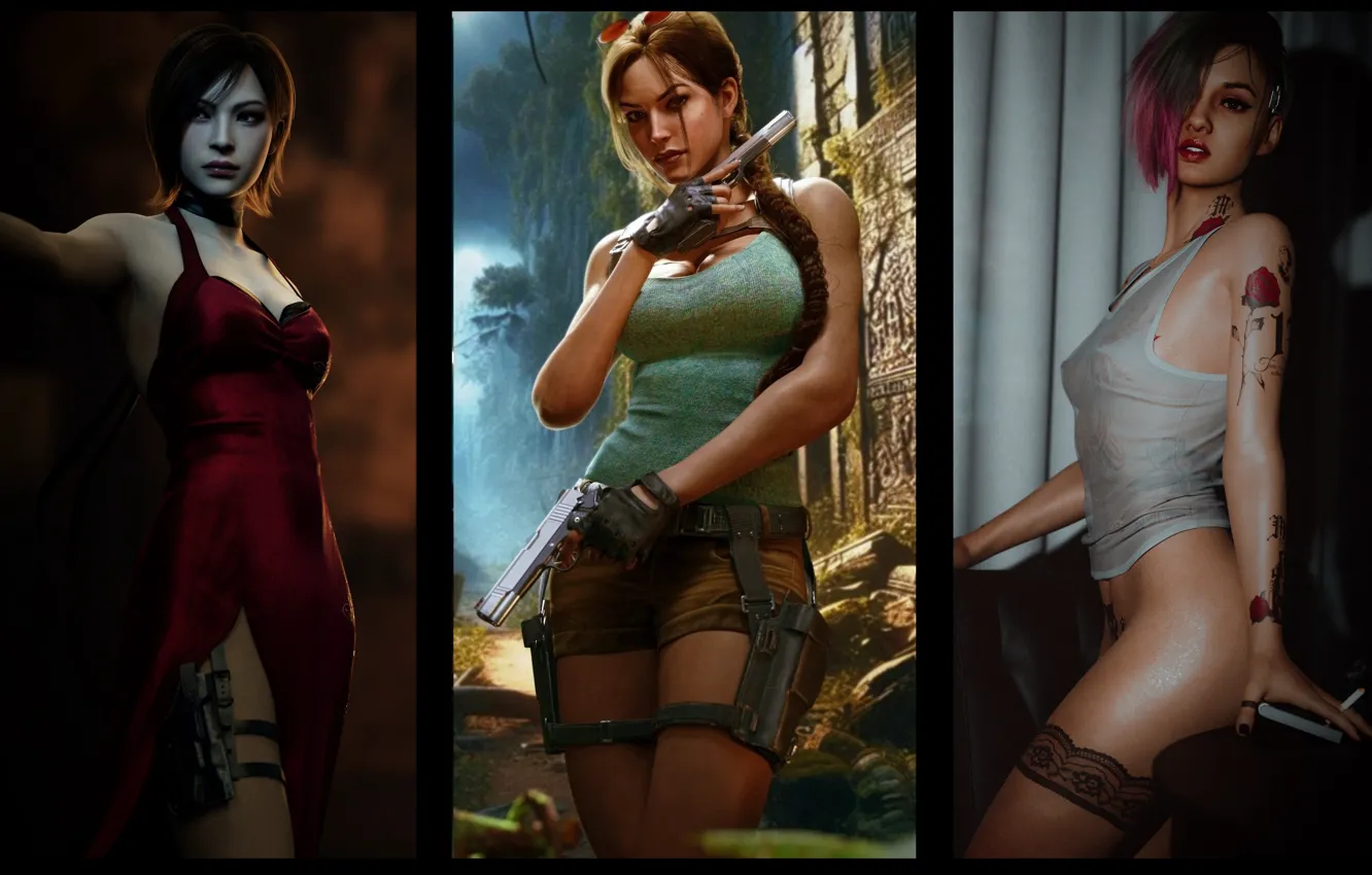 Photo wallpaper Tomb Raider, Resident Evil, Lara Croft, Ada Wong, Judy Alvarez, Cyberpunk2077