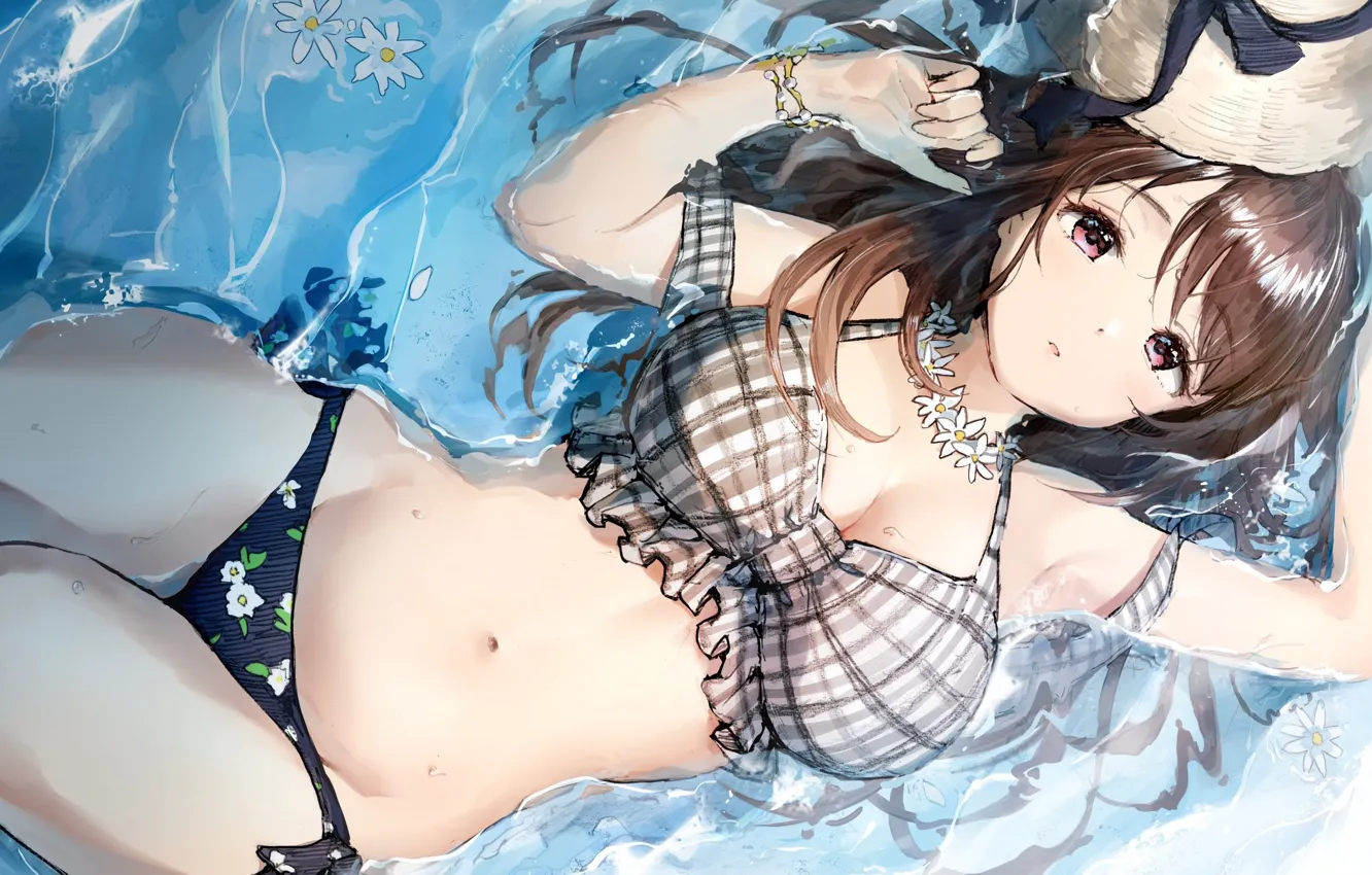 Photo wallpaper girl, sexy, cleavage, long hair, brown hair, boobs, anime, water