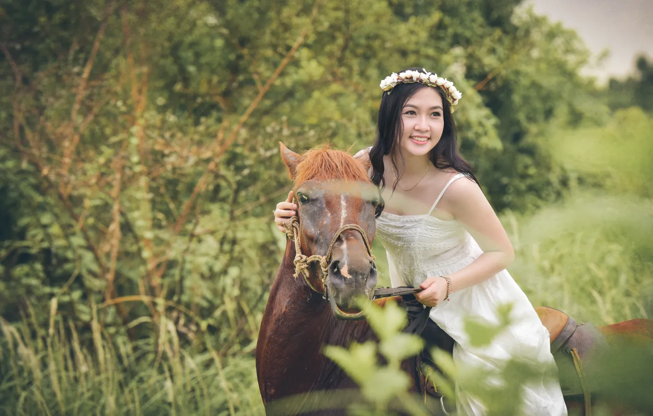 Photo wallpaper face, smile, horse, horse, dress, rider, Asian, wreath