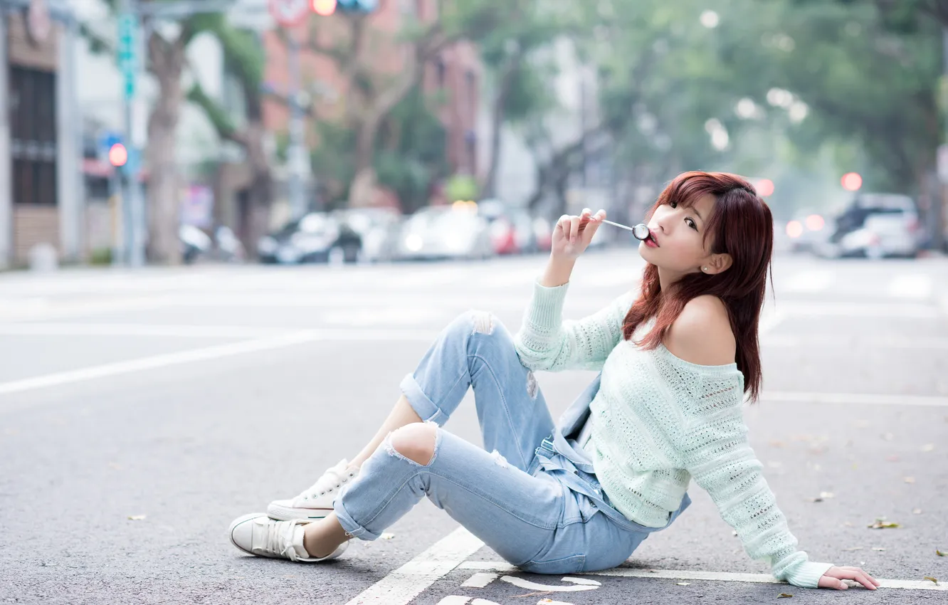 Photo wallpaper girl, pose, street, jeans, candy