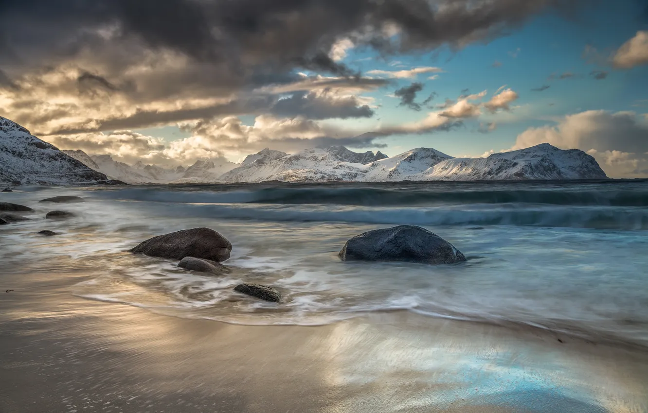 Photo wallpaper sea, wave, the sky, landscape, mountains, clouds