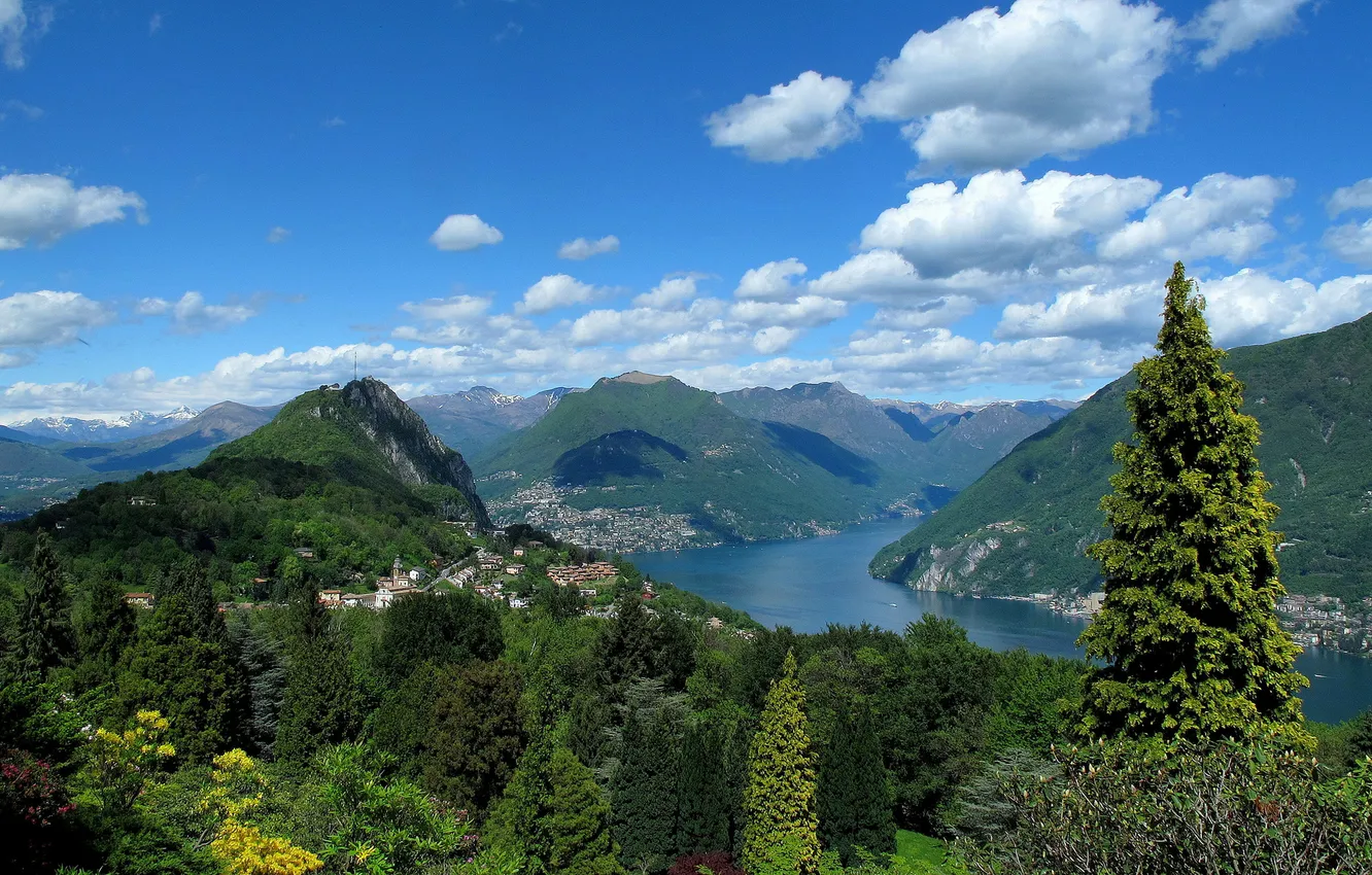 Photo wallpaper trees, mountains, Park, Switzerland, Switzerland, Lake Lugano, Ticino, Ticino