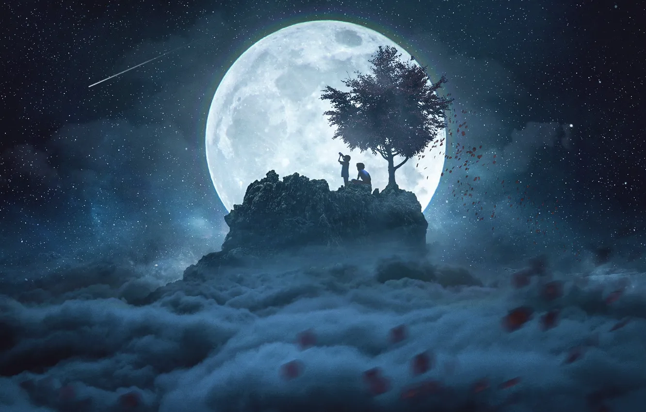 Photo wallpaper space, night, children, tree, the moon, by CaelGibran