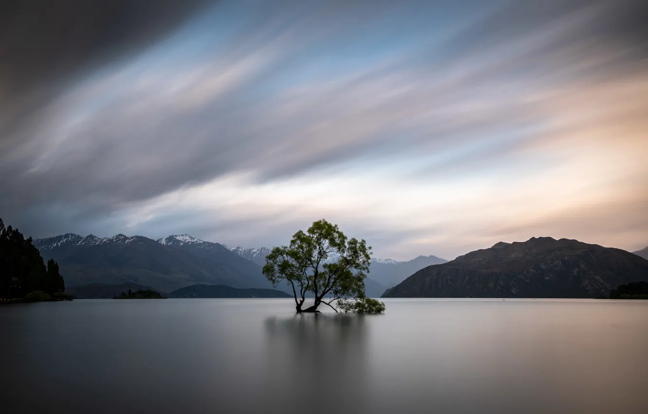 Photo wallpaper forest, the sky, clouds, trees, mountains, lake