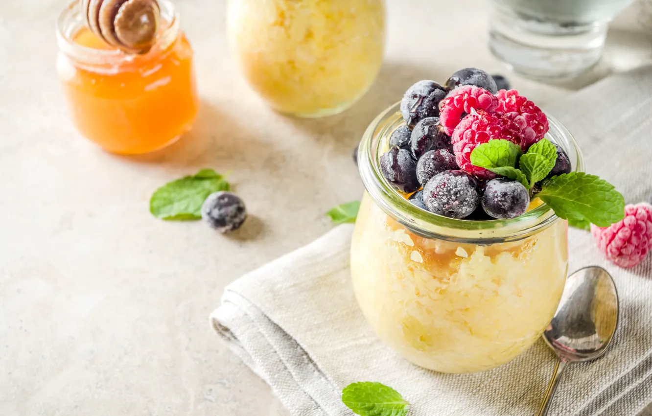 Photo wallpaper berries, Breakfast, dessert, Italy, jar, polenta