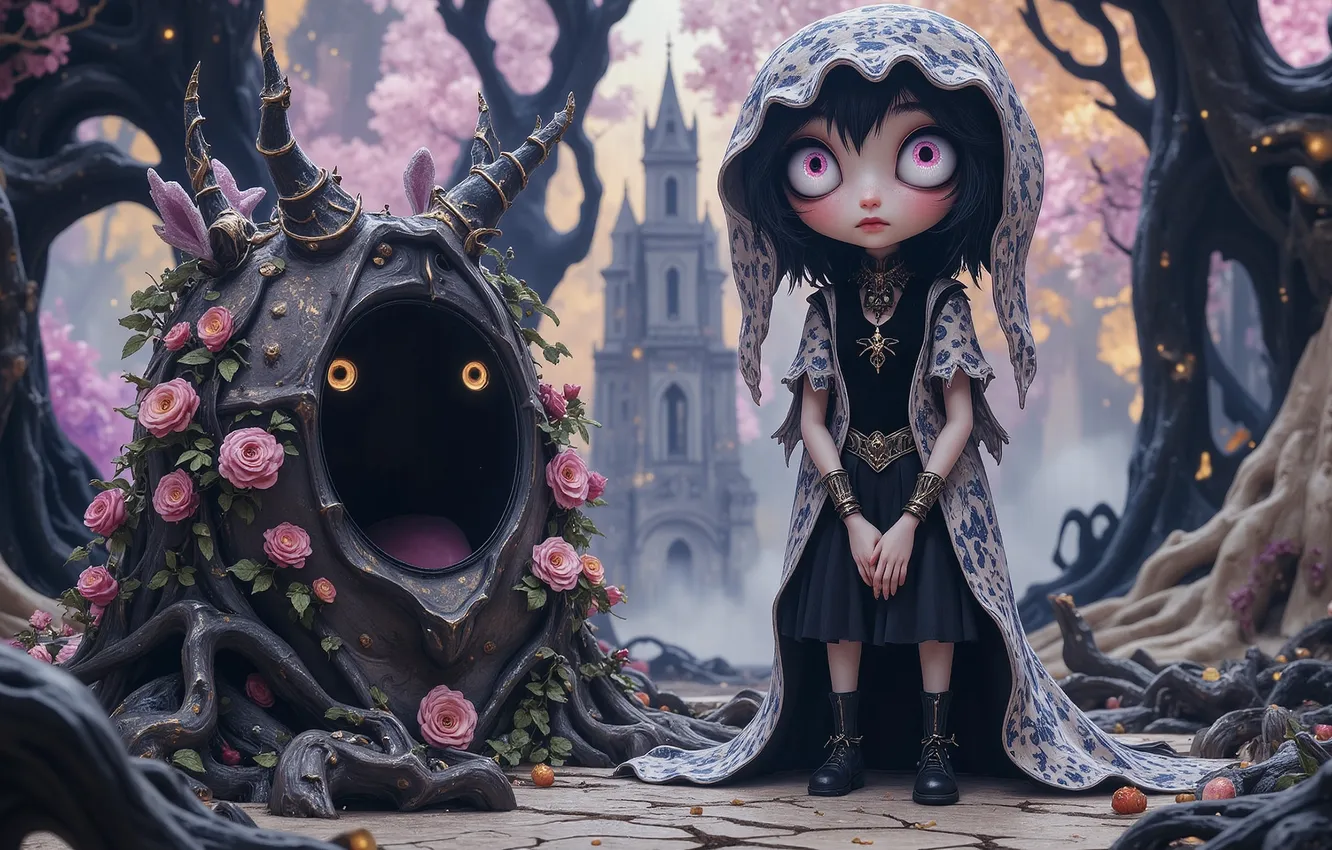Photo wallpaper forest, eyes, trees, flowers, castle, roses, being, fantasy