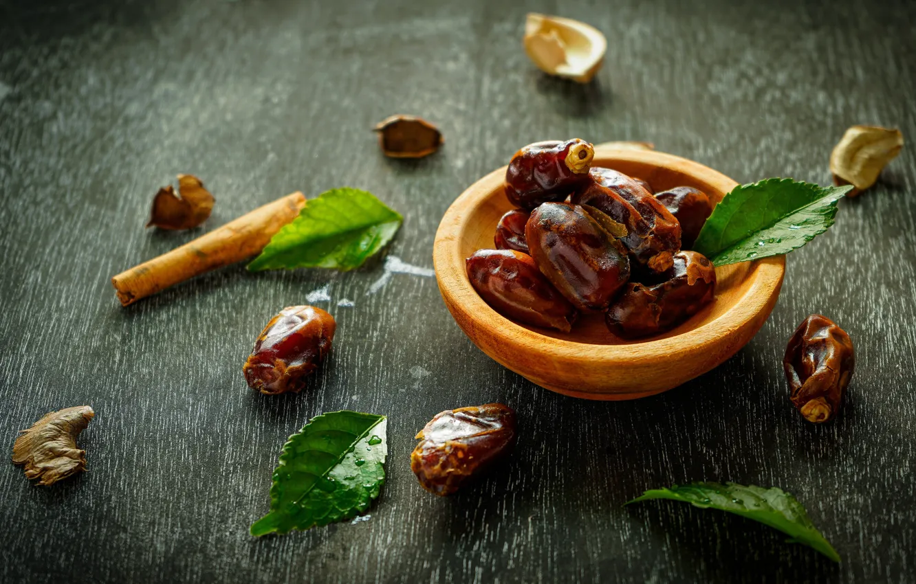Photo wallpaper leaves, table, bowl, dates