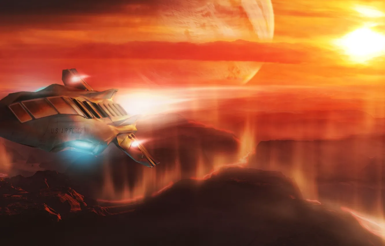 Photo wallpaper spaceship, planets, flying from hell