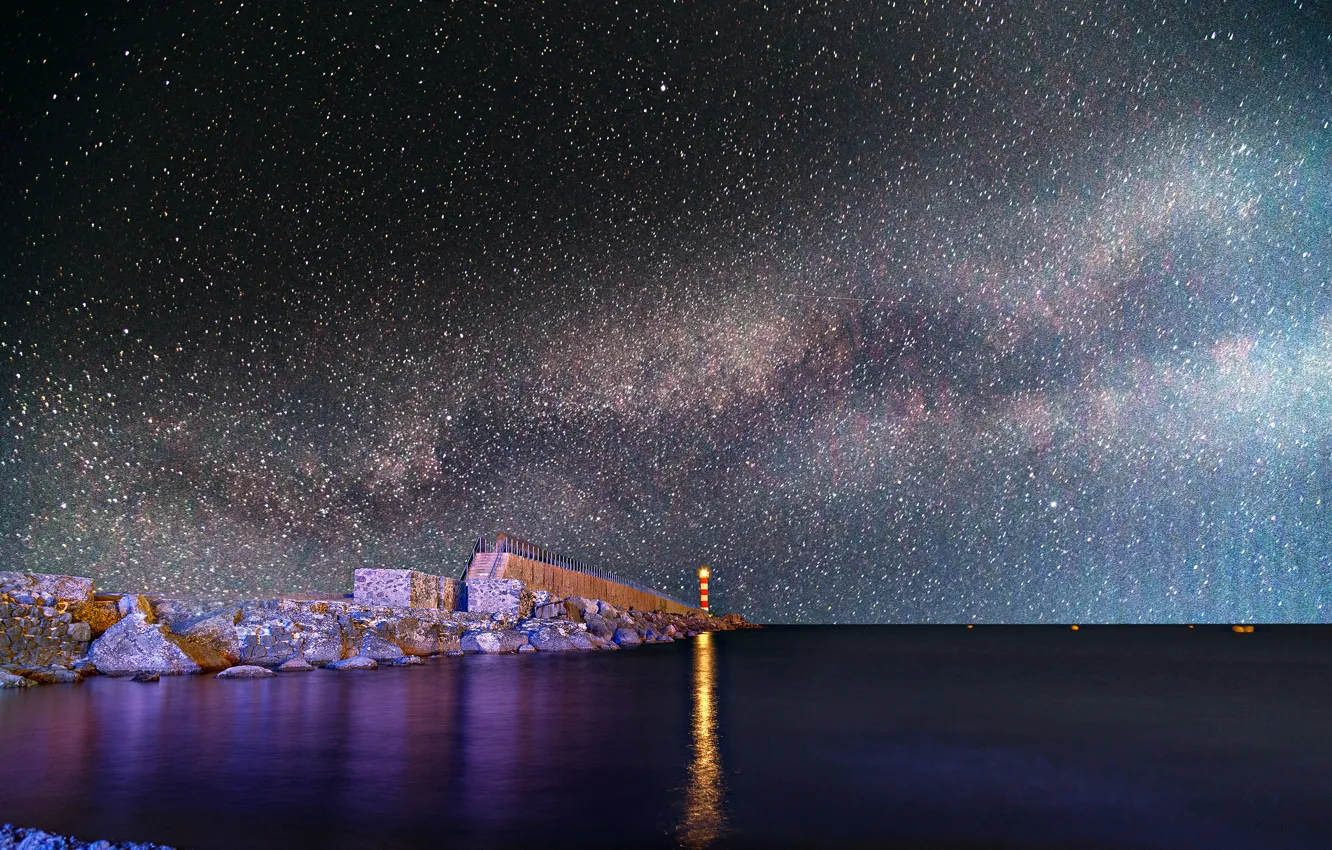 Photo wallpaper space, stars, night, space, stones, shore, lighthouse, the milky way