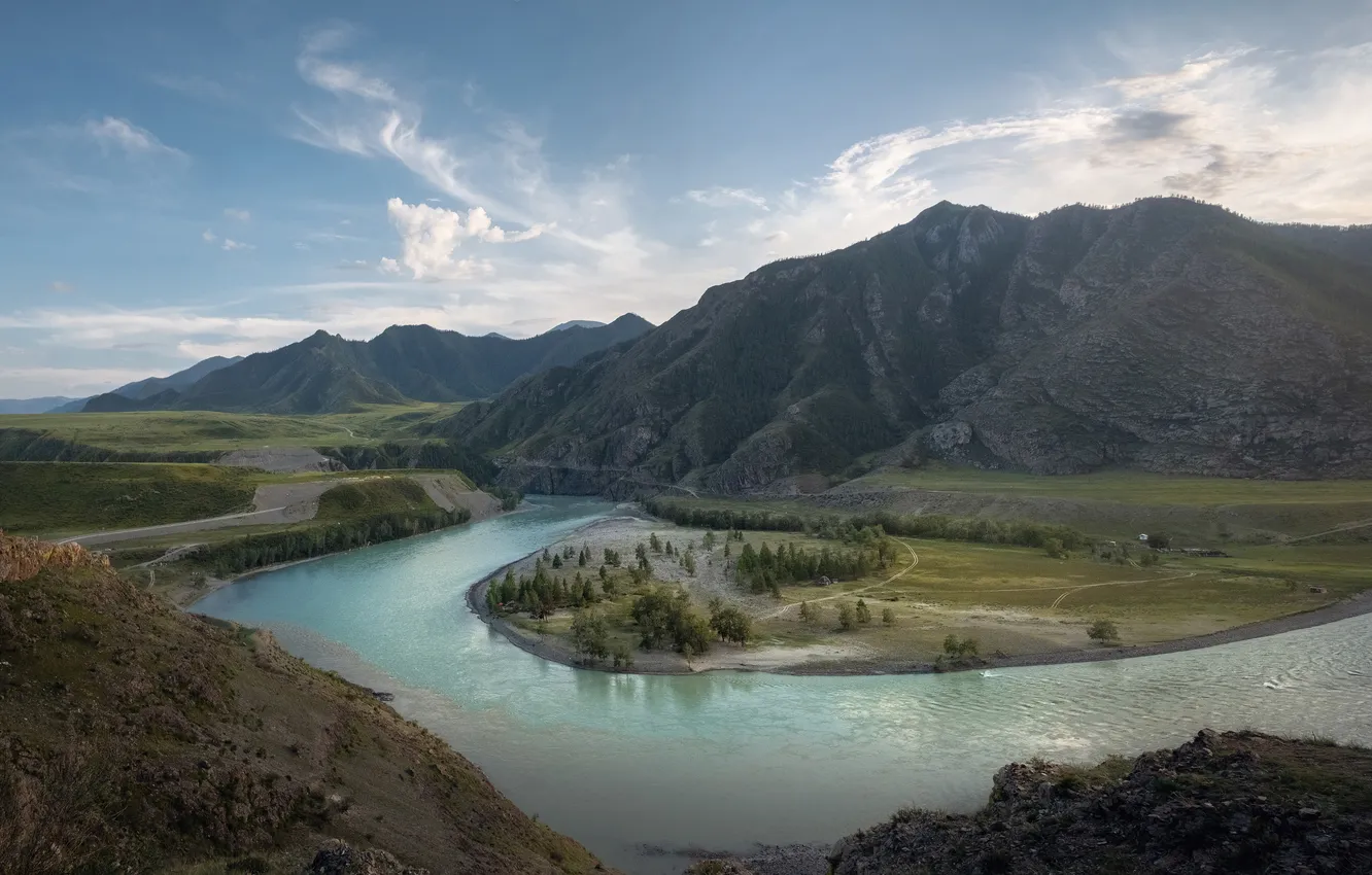 Photo wallpaper river, sky, landscape, mountains, clouds