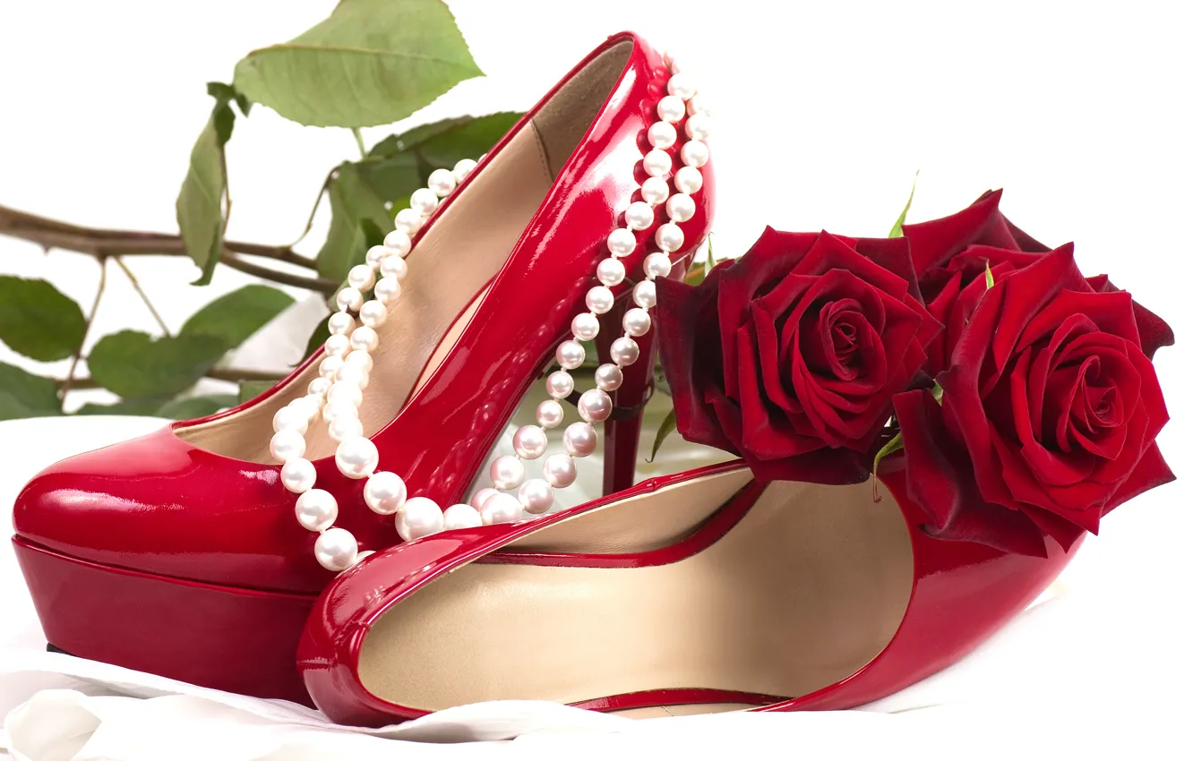 Photo wallpaper flower, flowers, red, romance, shoes, roses, pearl, red