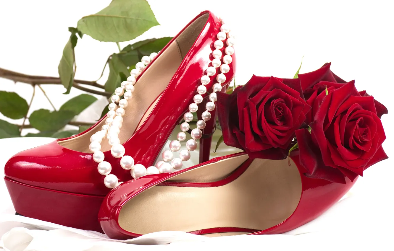Photo wallpaper flowers, red, romance, shoes, roses, pearl, red, rose
