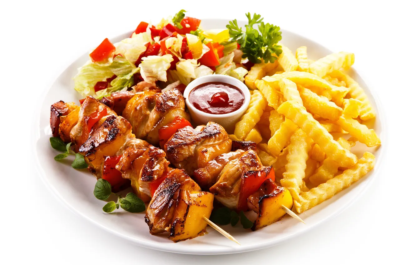 Photo wallpaper plate, vegetables, sauce, kebab, salad, potatoes