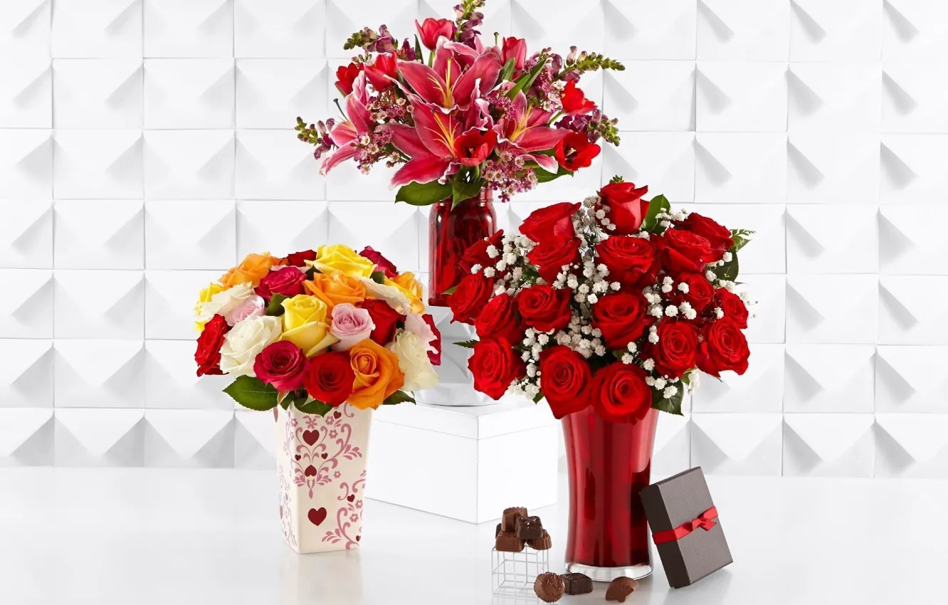 Photo wallpaper flowers, bouquets, vases
