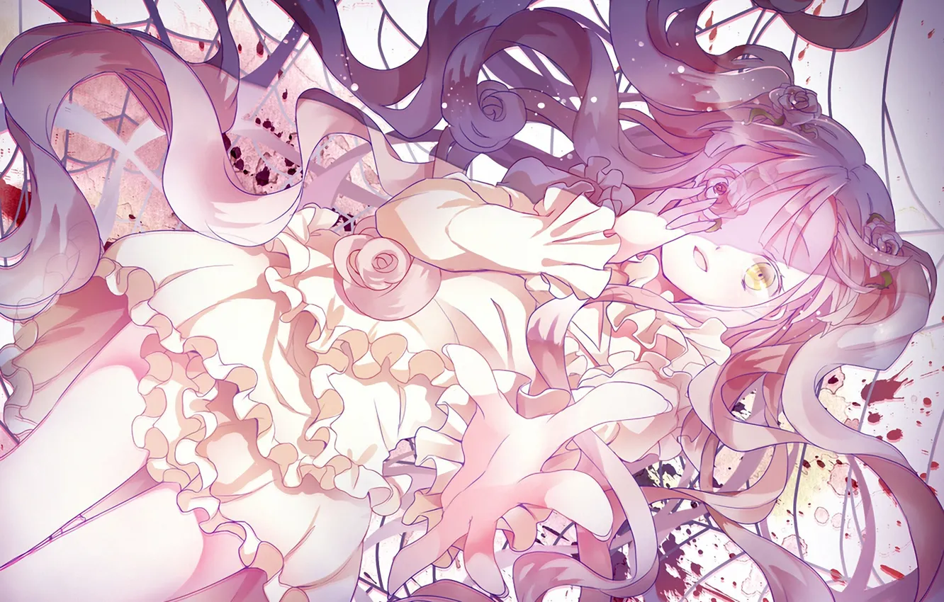 Photo wallpaper girl, castle, blood, web, stockings, anime, dress, white dress