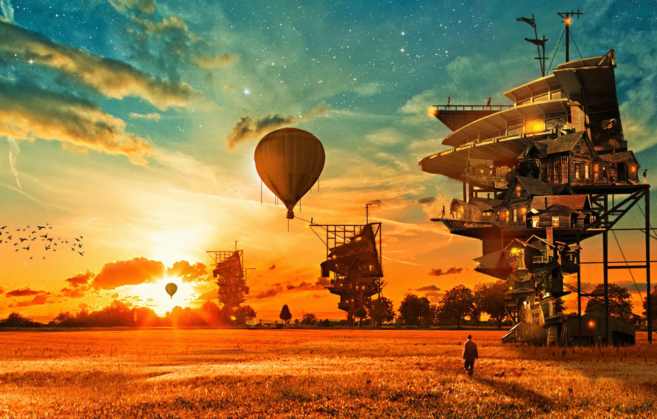 Photo wallpaper field, sunset, future, balloons, bird, people, home, art