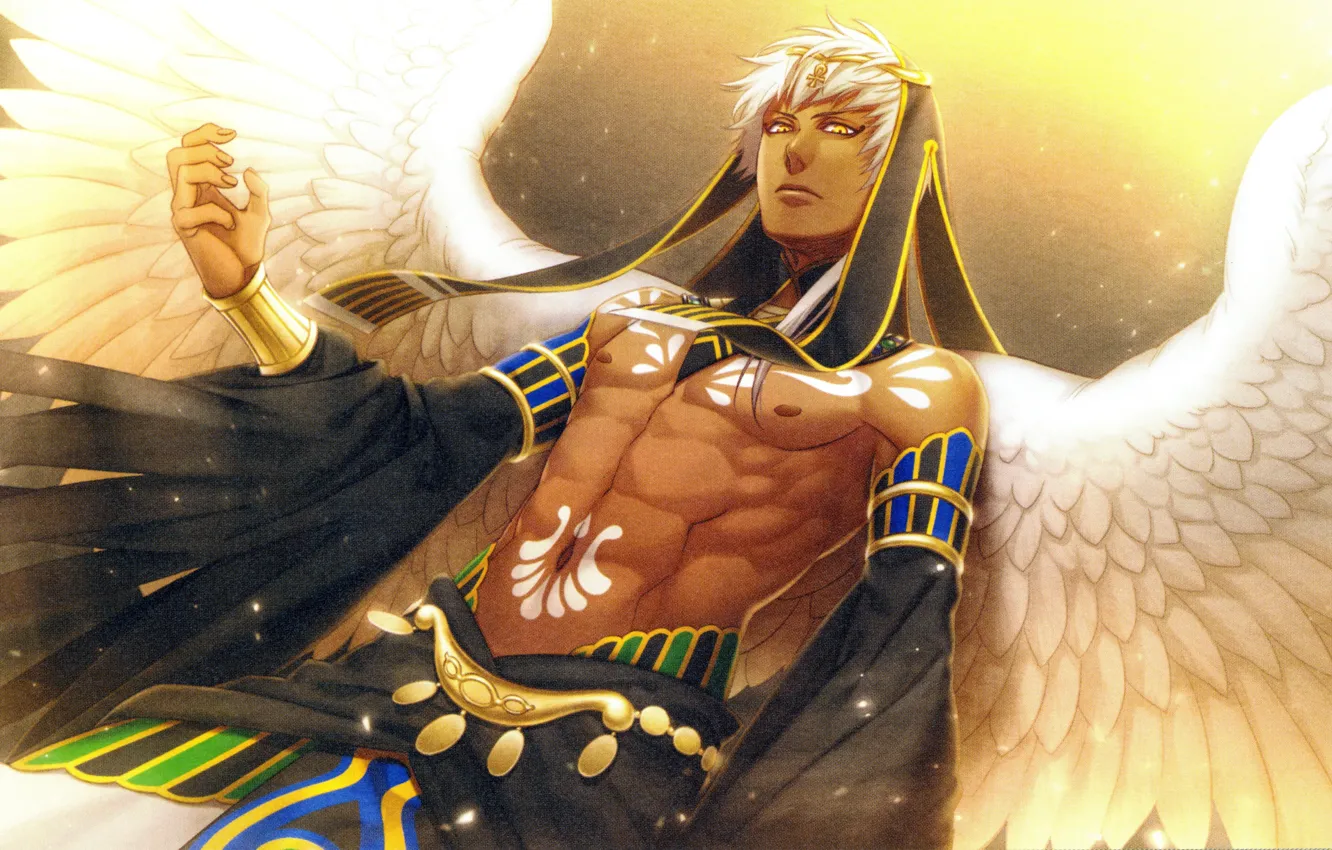 Photo wallpaper guy, torso, art, visual novel, white wings, Kamigami no Asobi, Yone Kazuki, Thoth Caduceus