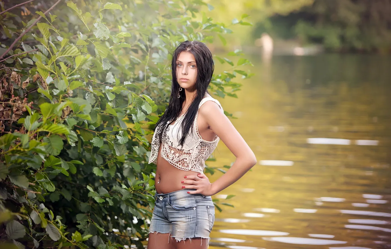 Photo wallpaper girl, pose, river, Angi