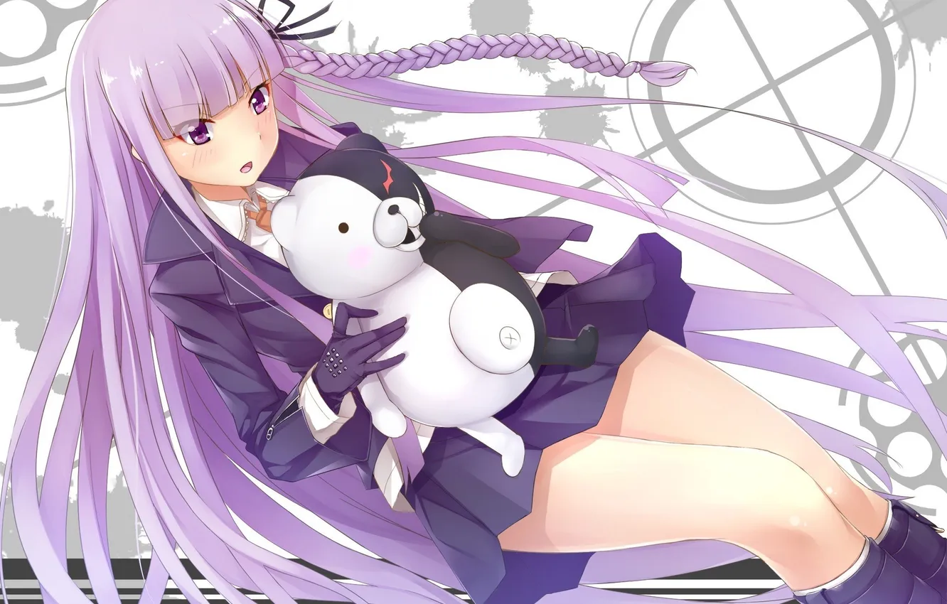 Photo wallpaper girl, background, toy, surprise, braids, blush, long hair, anime