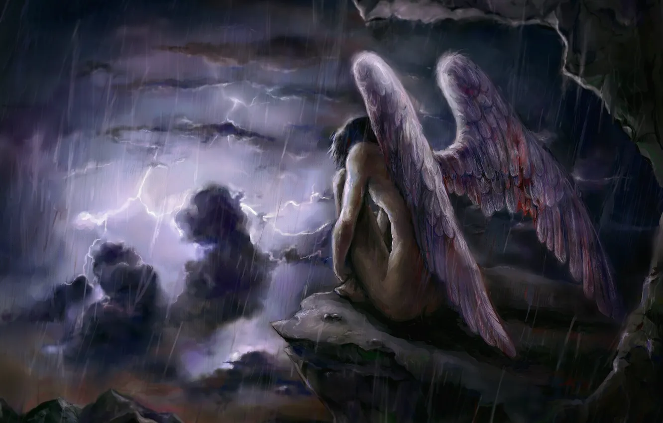 Photo wallpaper the sky, fiction, wings, art, guy, the shower, fallen angel