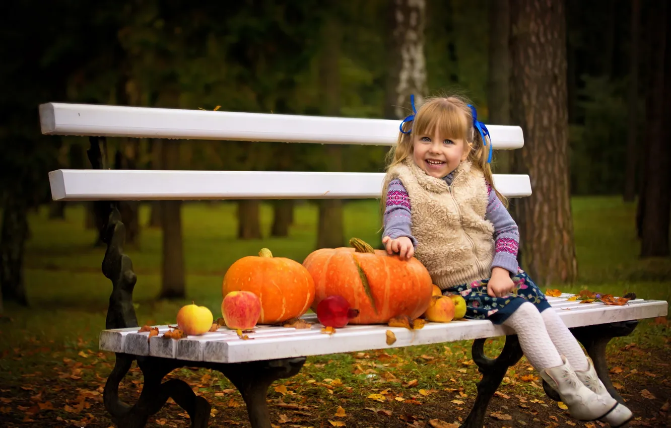Photo wallpaper mood, girl, pumpkin, bench