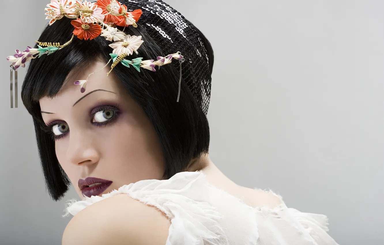 Photo wallpaper look, girl, decoration, model, shadow, light, makeup, brunette