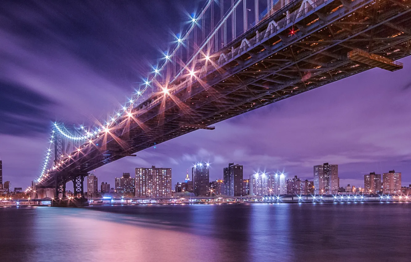 Photo wallpaper night, bridge, lights, reflection, river, New York, Manhattan