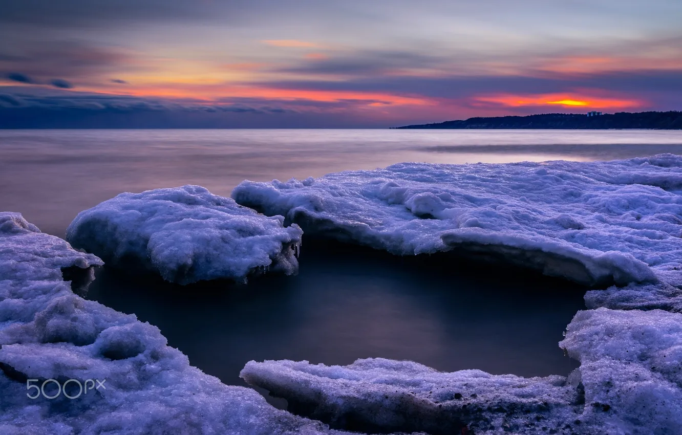 Photo wallpaper ice, winter, snow, sunset
