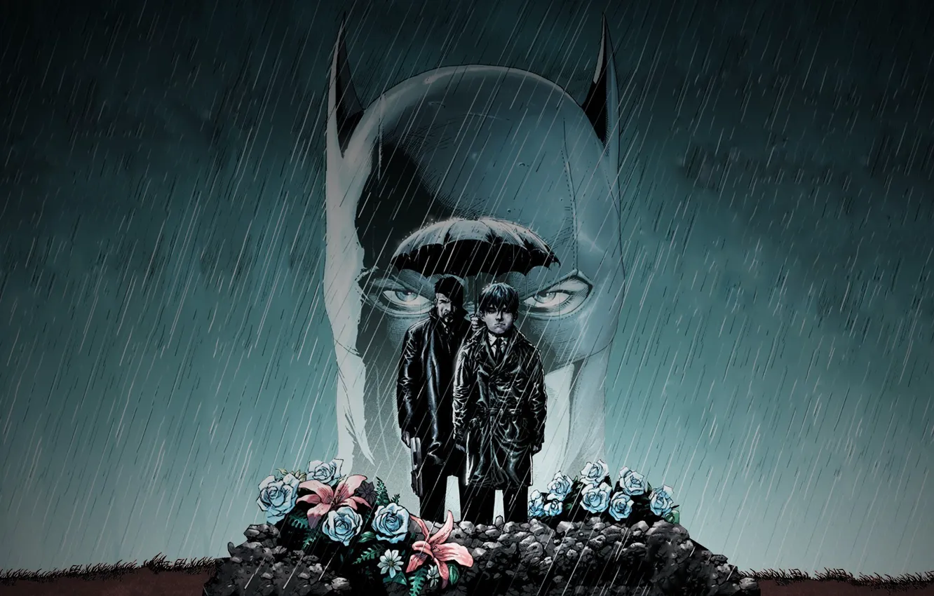 Photo wallpaper fantasy, Batman, rain, umbrella, art, flowers, man, boy