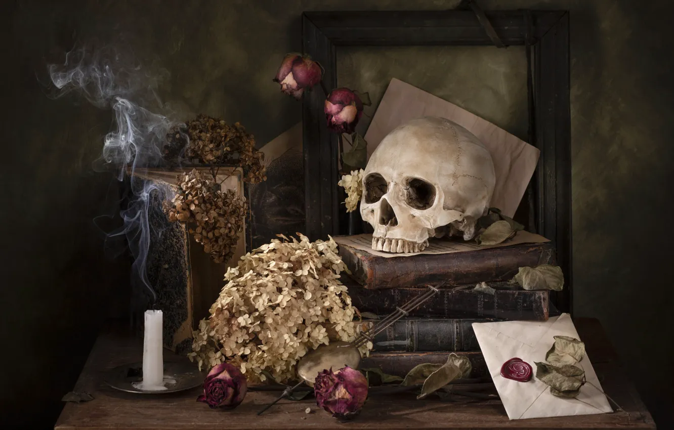 Photo wallpaper flowers, old, the dark background, table, smoke, books, skull, roses