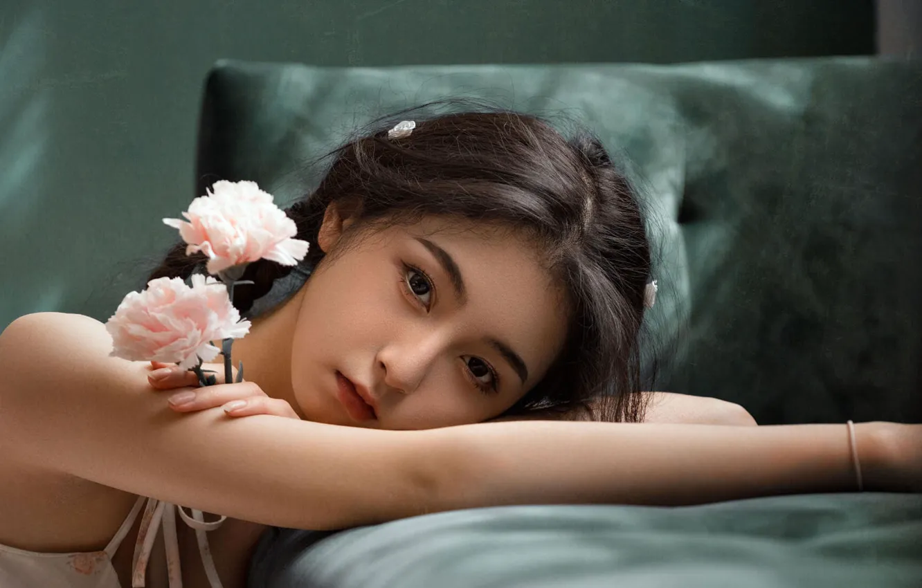 Photo wallpaper girl, flowers, portrait, Asian, Hǔ