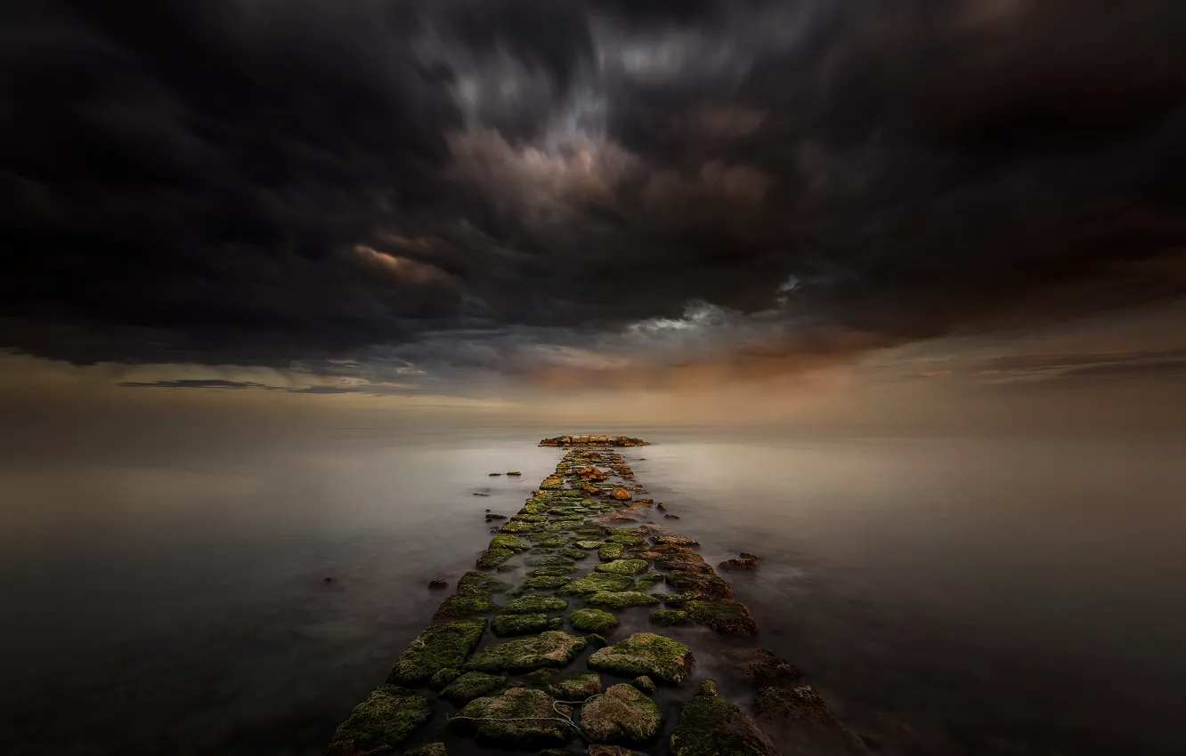 Photo wallpaper sea, clouds, stones, track