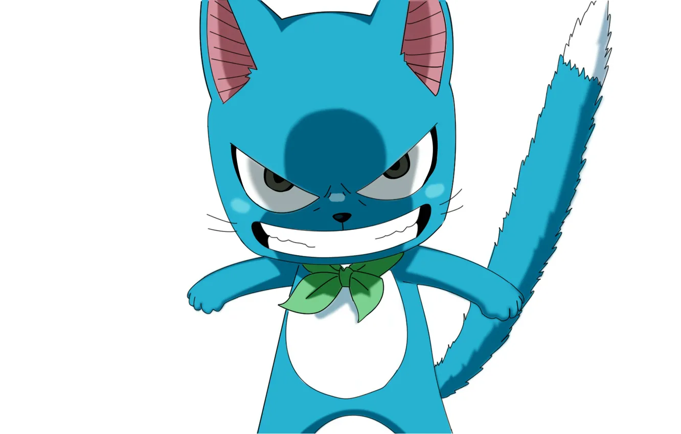 Photo wallpaper blue, white background, evil, kitty, bow, Happy, Fairy Tail, Tale of fairy tail