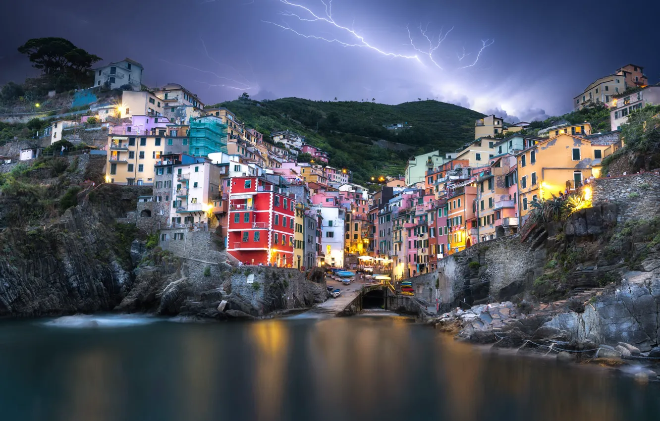 Photo wallpaper sea, the storm, the sky, the city, shore, coast, lightning, building