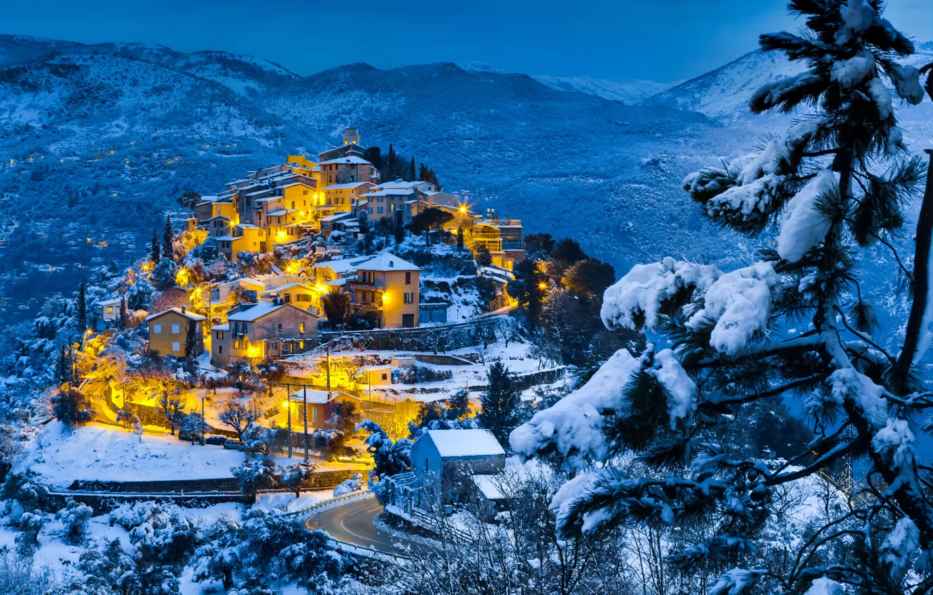 Photo wallpaper winter, forest, snow, mountains, lights, the evening, twilight, the village