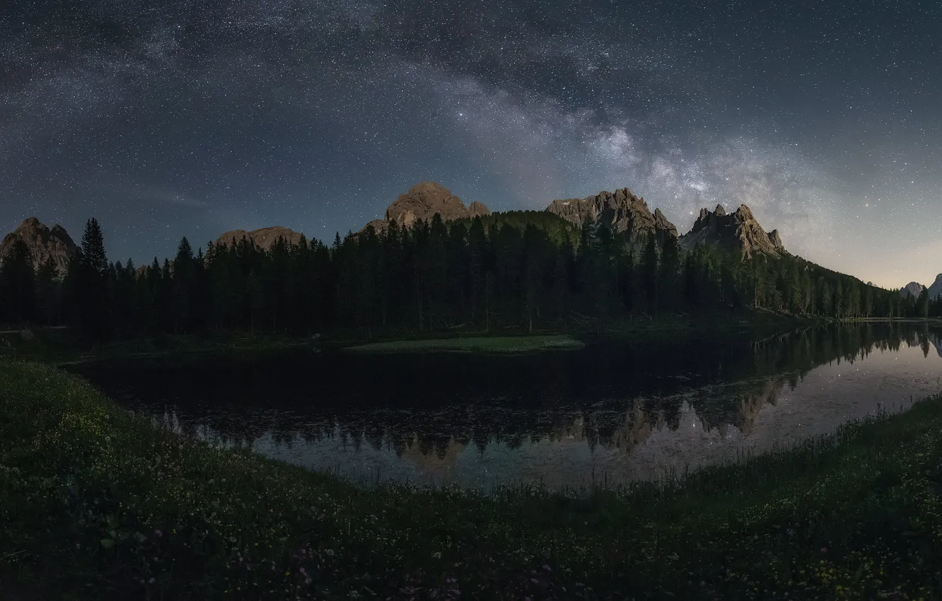 Photo wallpaper forest, summer, the sky, grass, stars, mountains, night, lake