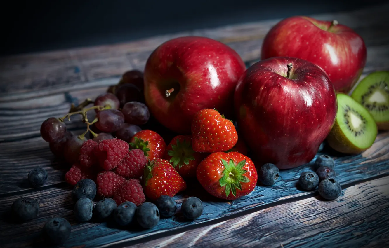 Photo wallpaper red, berries, raspberry, apples, Board, kiwi, blueberries, strawberry