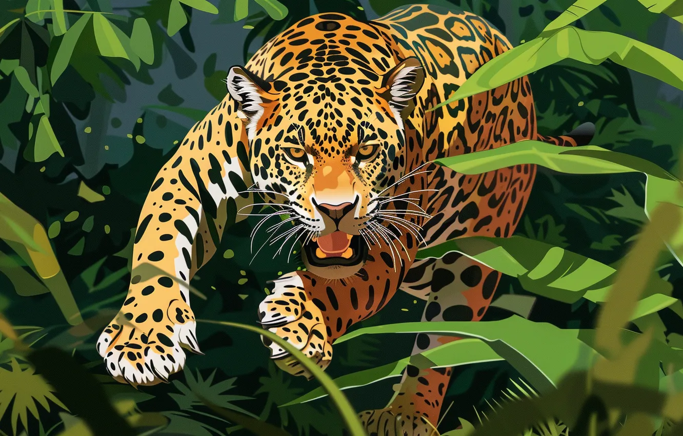 Photo wallpaper Leaves, Jump, Jaguar, Face, Predator, Jungle, Digital art, Big cat