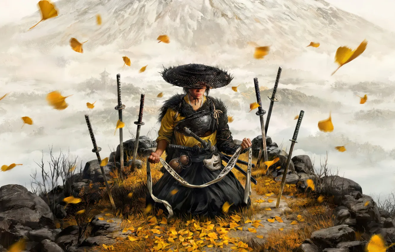 Photo wallpaper the game, mountains, art, The Ghost of Yotei, foliage, sword, girl, samurai