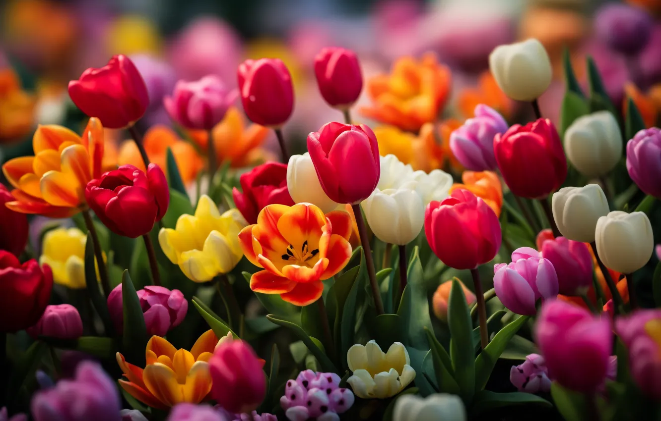 Photo wallpaper flowers, AI art, tulips, garden, spring, neural network