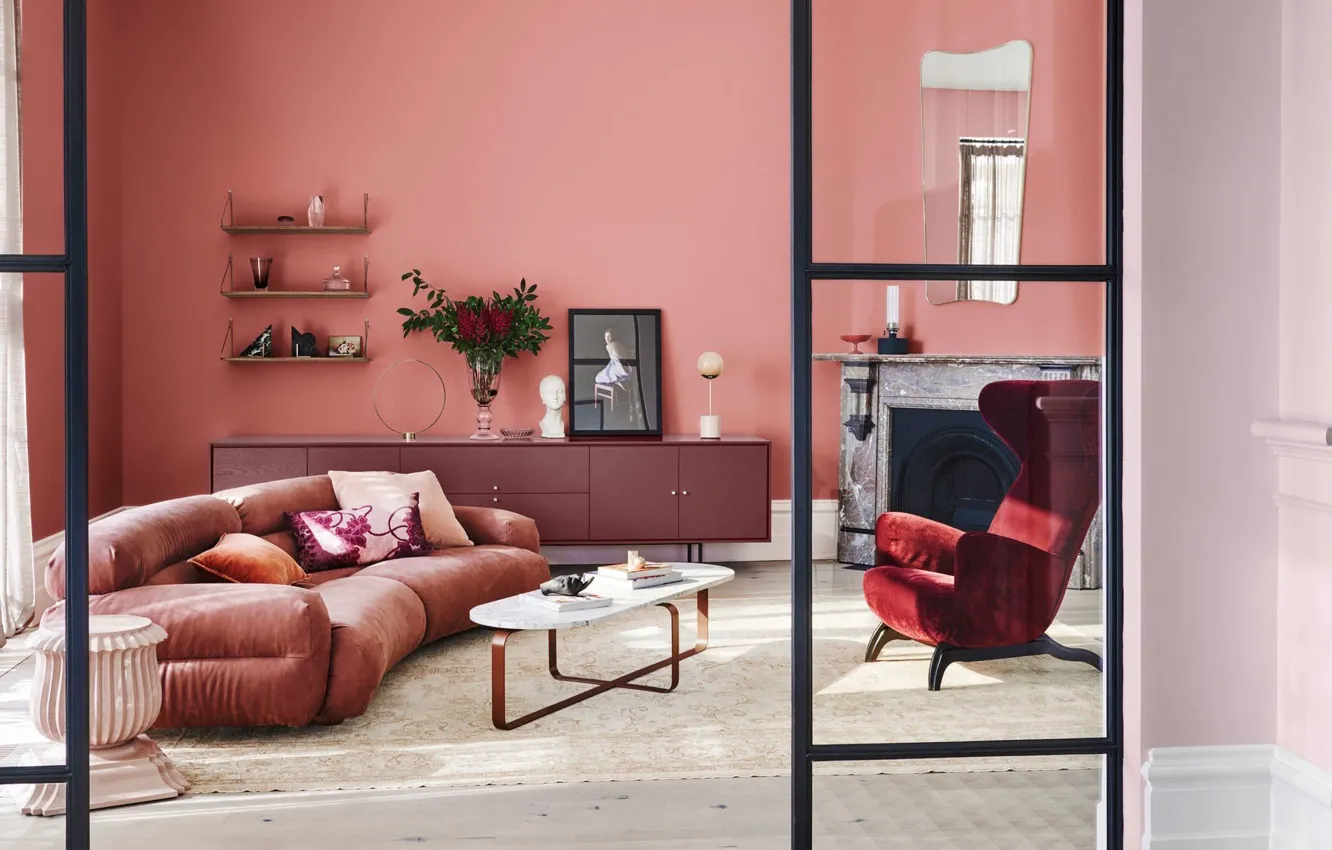 Photo wallpaper flowers, design, style, room, interior, picture, fireplace, sofa