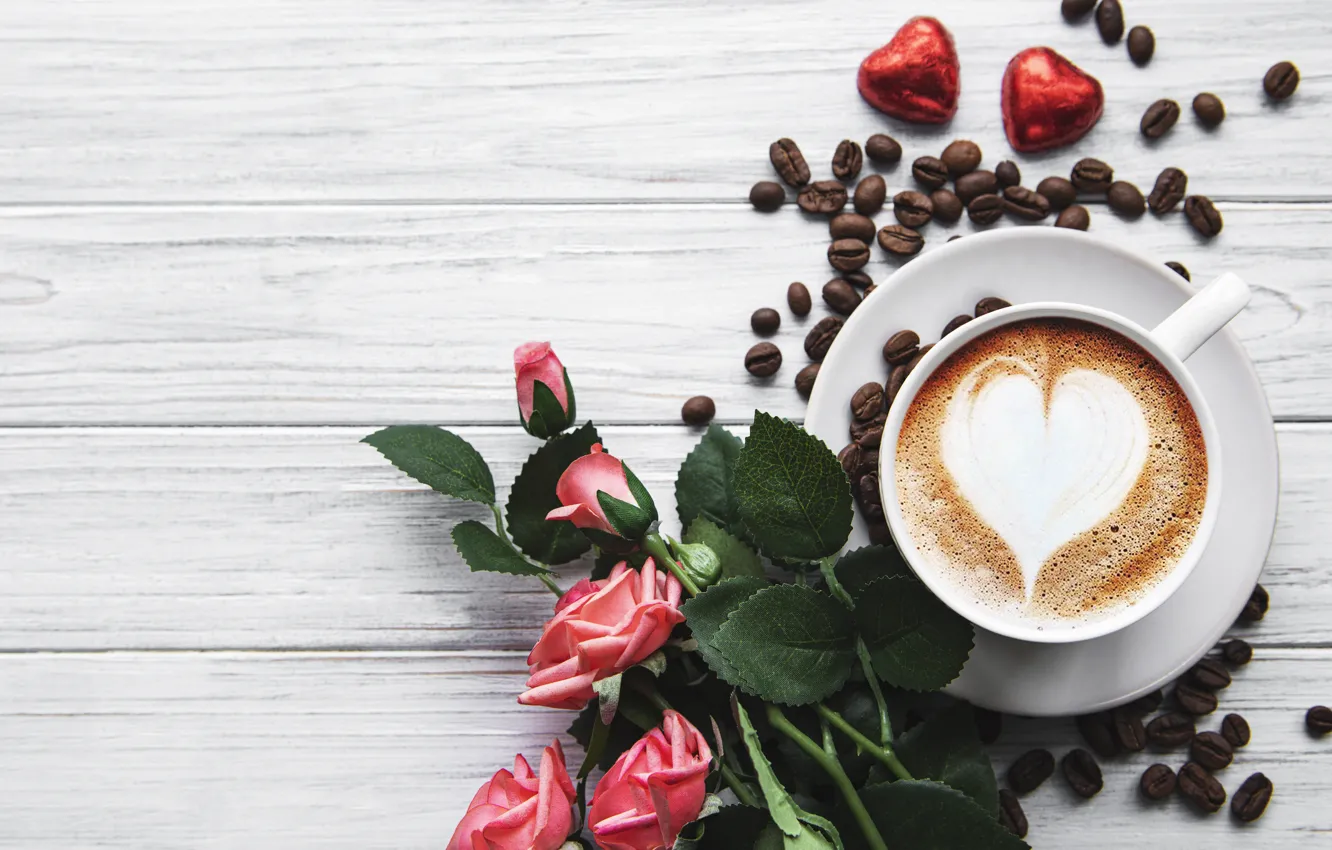 Photo wallpaper heart, coffee, roses, bouquet, candy, Cup, Olena Rudo