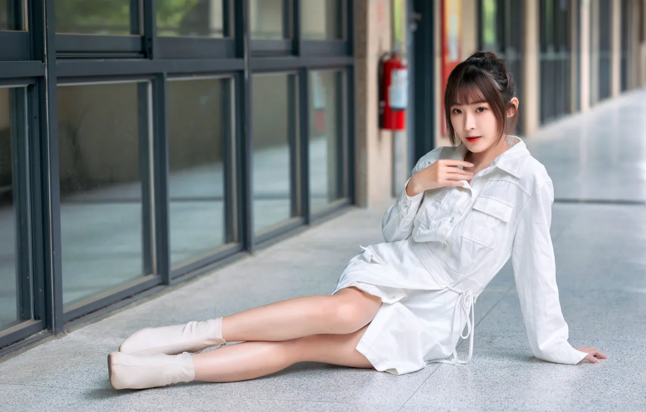 Photo wallpaper look, pose, model, building, portrait, makeup, hairstyle, brown hair