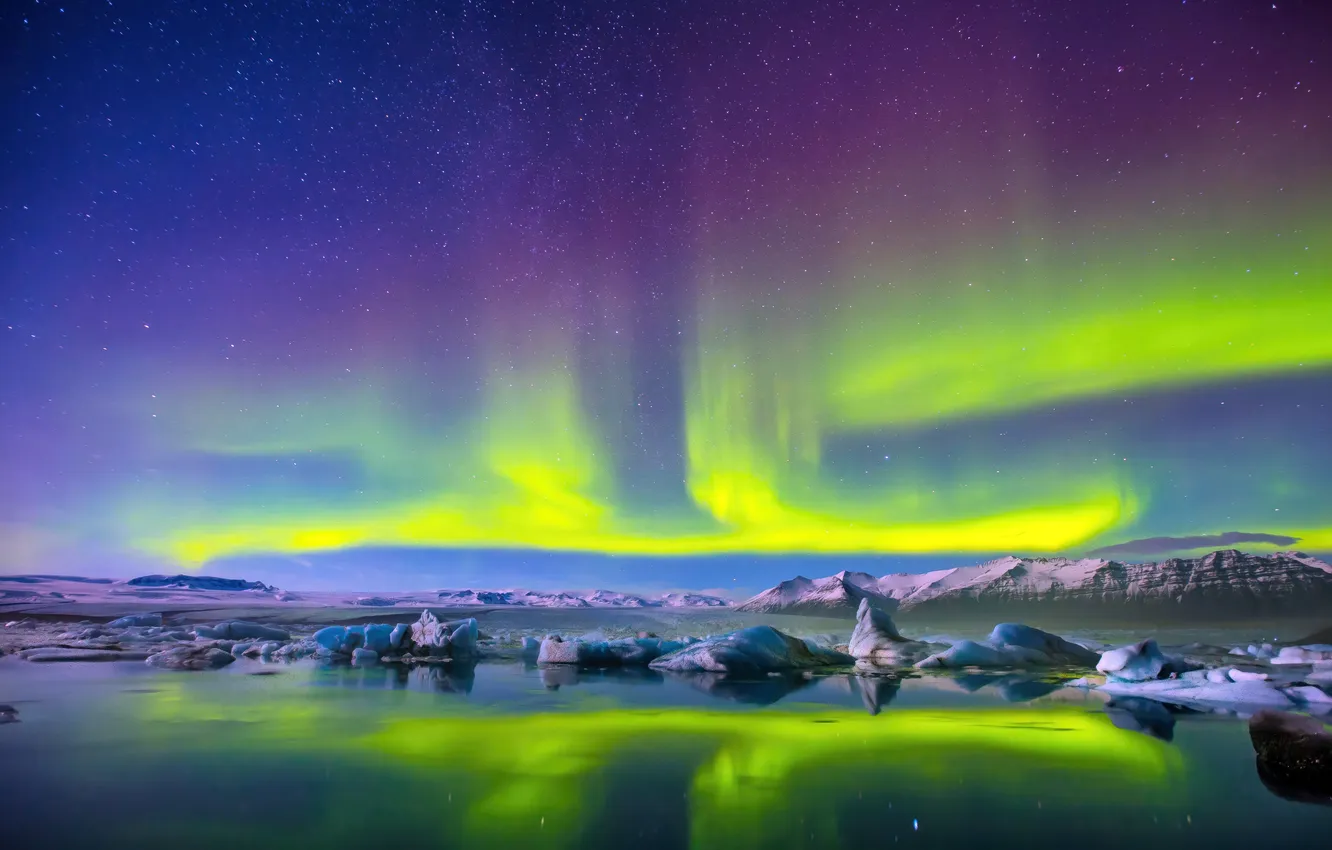 Photo wallpaper greens, green, Northern lights, glacier, northern lights, Glacier, Symphony Elegance, An elegant symphony