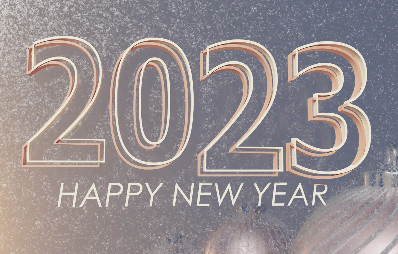 Photo wallpaper frost, balls, snow, the inscription, new year, contour, figures, haze